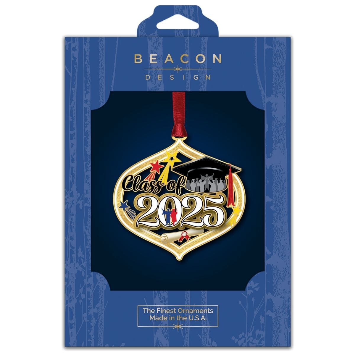 2025 Graduation ornament from Beacon Design in retail packaging, featuring a graduation cap, diploma, and celebratory design elements.