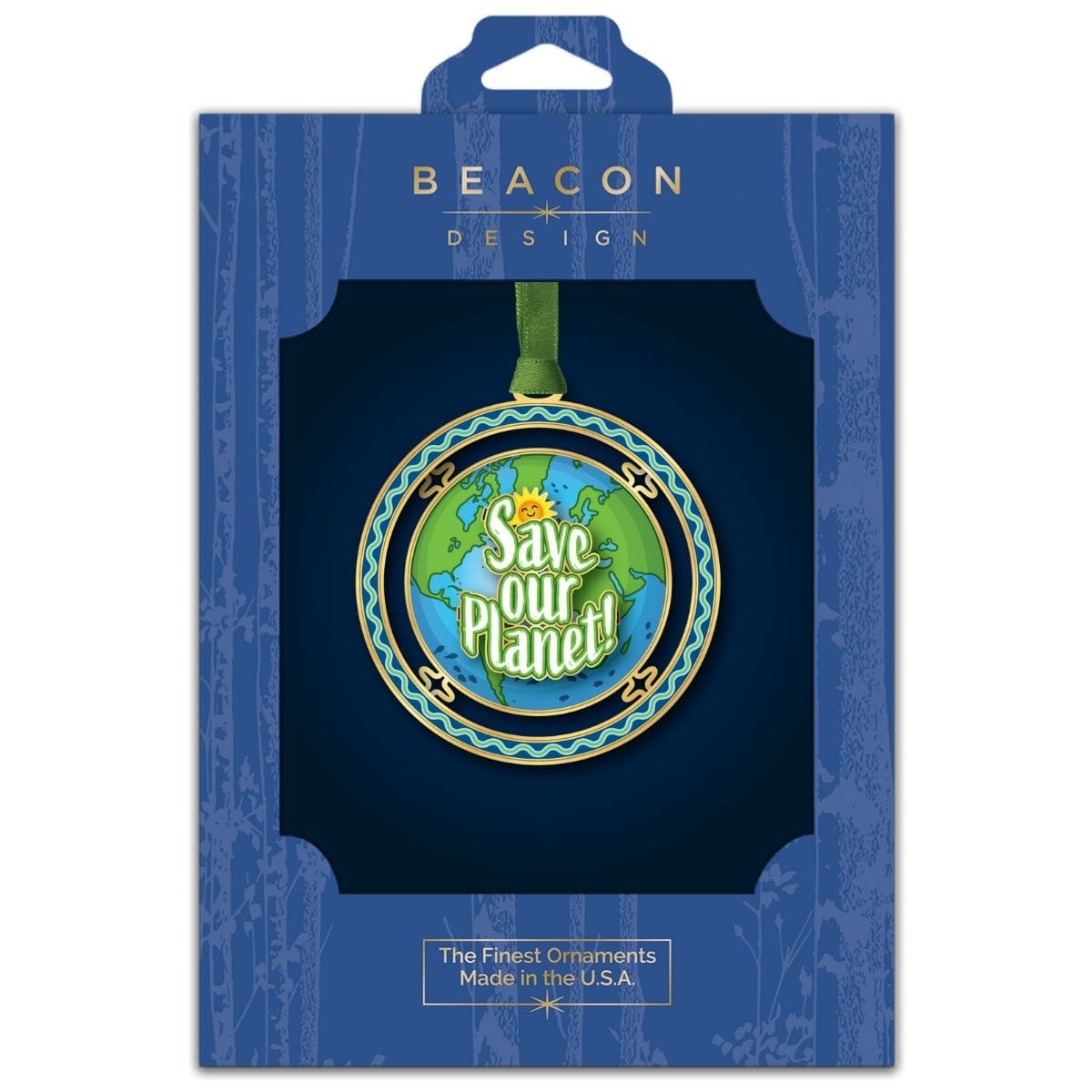 Save Our Planet ornament from Beacon Design in retail packaging, featuring a colorful globe design with the message “Save Our Planet!” surrounded by decorative borders and a green ribbon.