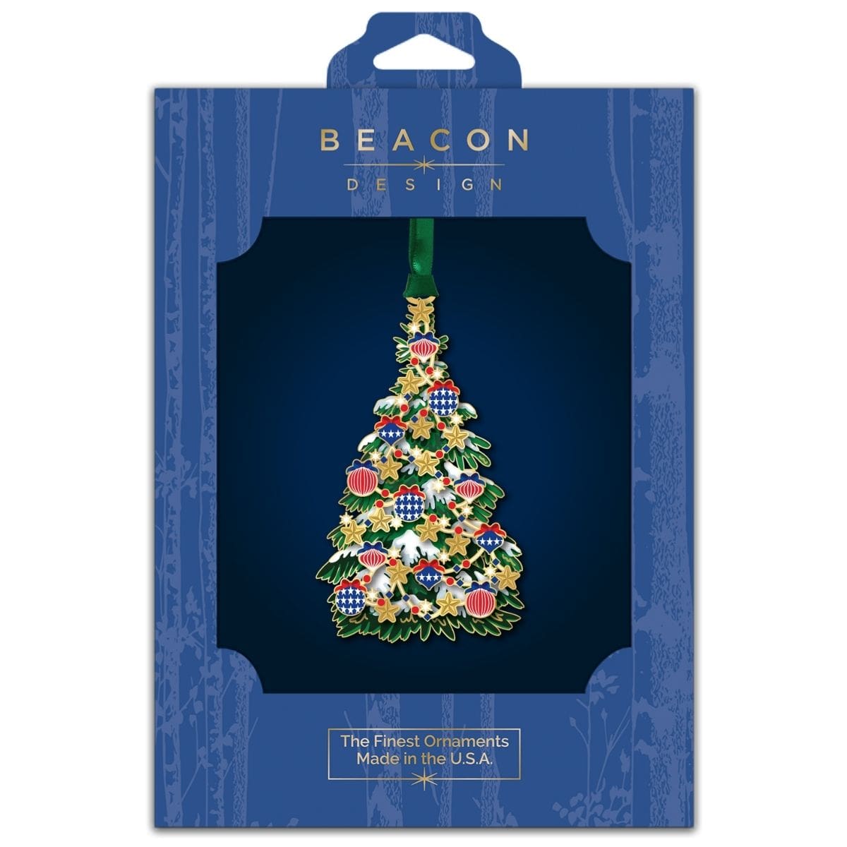 Classic Patriotic Tree ornament from Beacon Design in retail packaging, featuring a decorated Christmas tree adorned with red, white, and blue ornaments, gold stars, and patriotic accents.
