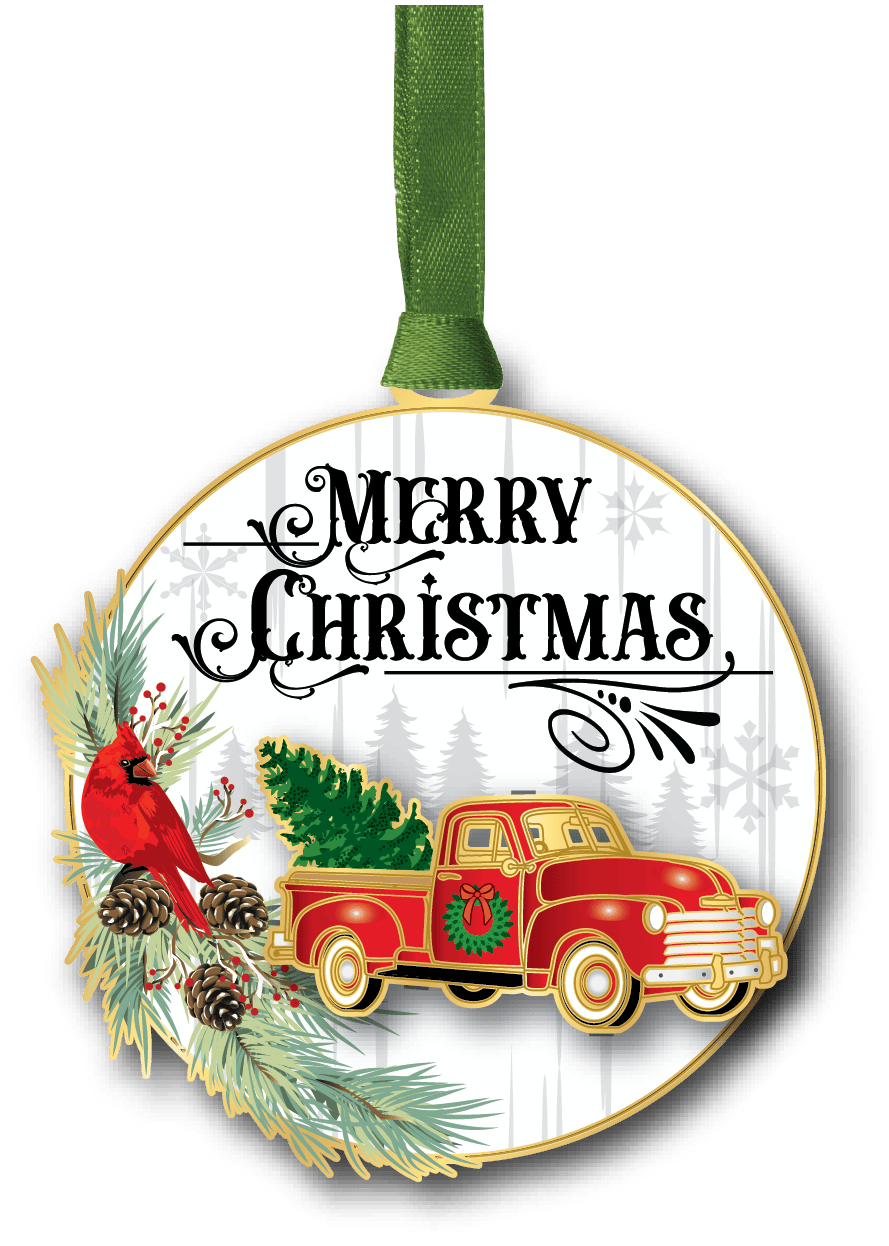 Christmas ornament featuring a vintage red pickup truck carrying a Christmas tree, accented by a cardinal and evergreen branches.