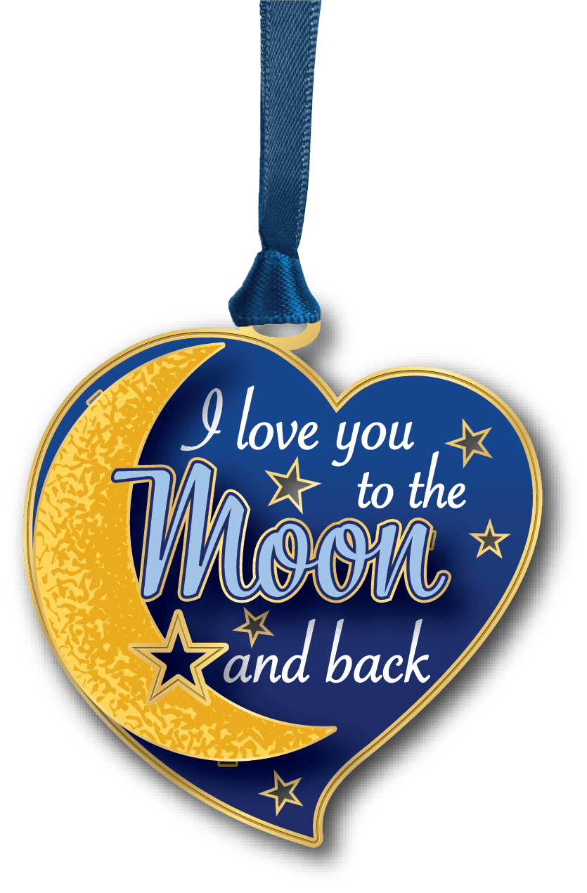Heart-shaped ornament featuring a golden crescent moon, stars, and the phrase "I love you to the moon and back."