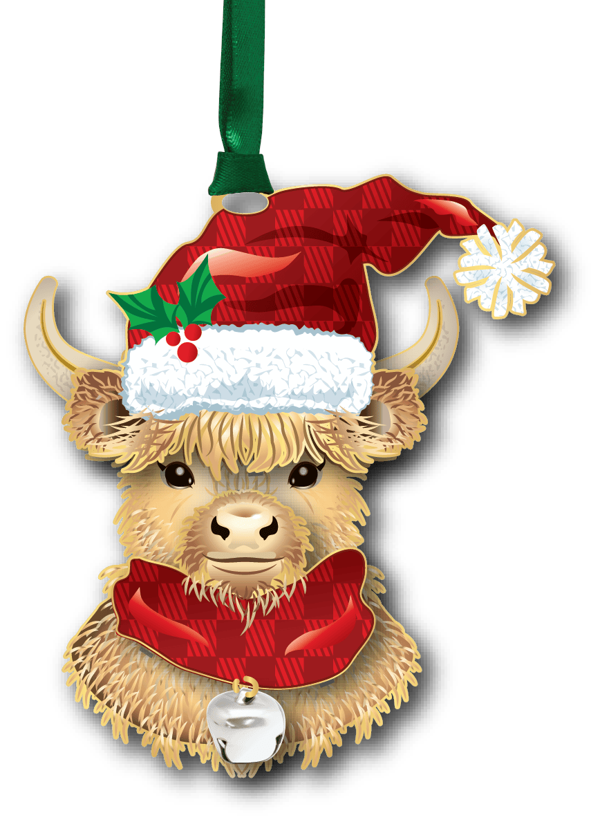 Highland cow ornament wearing a red plaid Santa hat, matching scarf, and silver bell.