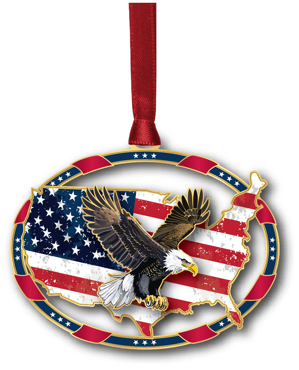 Patriotic ornament featuring a bald eagle in flight over a distressed American flag map of the United States.