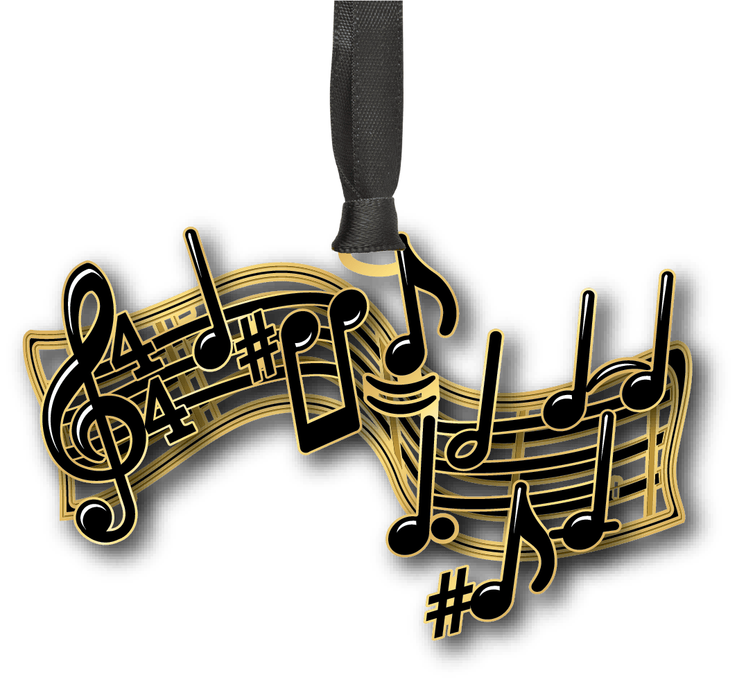 Decorative ornament featuring black musical notes and symbols flowing across a gold-accented musical staff.