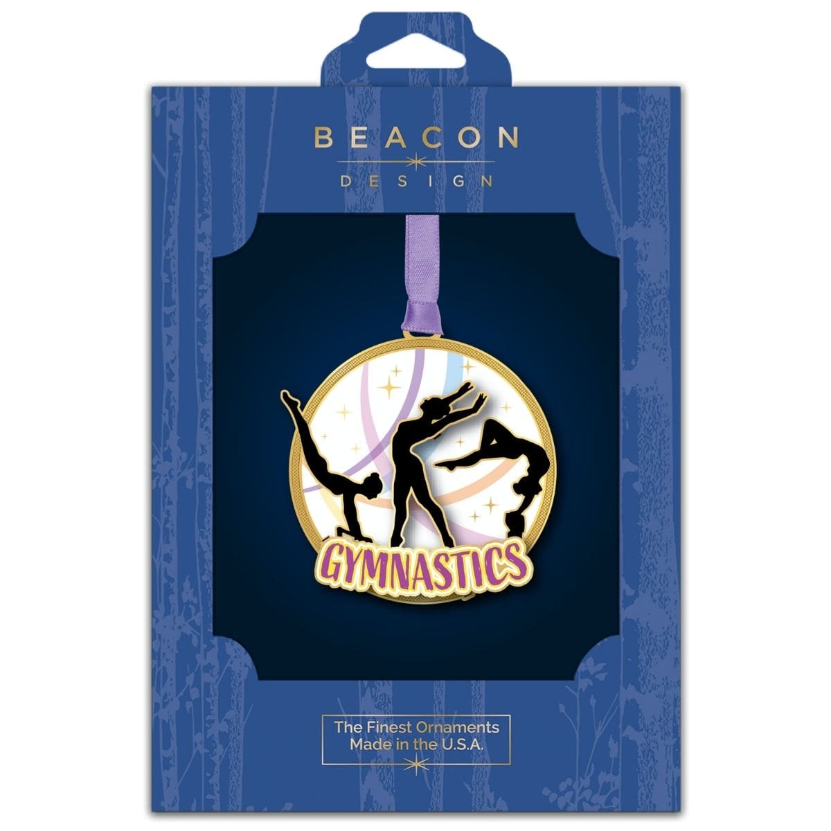 Gymnastics Girls ornament from Beacon Design in retail packaging, featuring silhouettes of three gymnasts in motion with soft pastel accents.