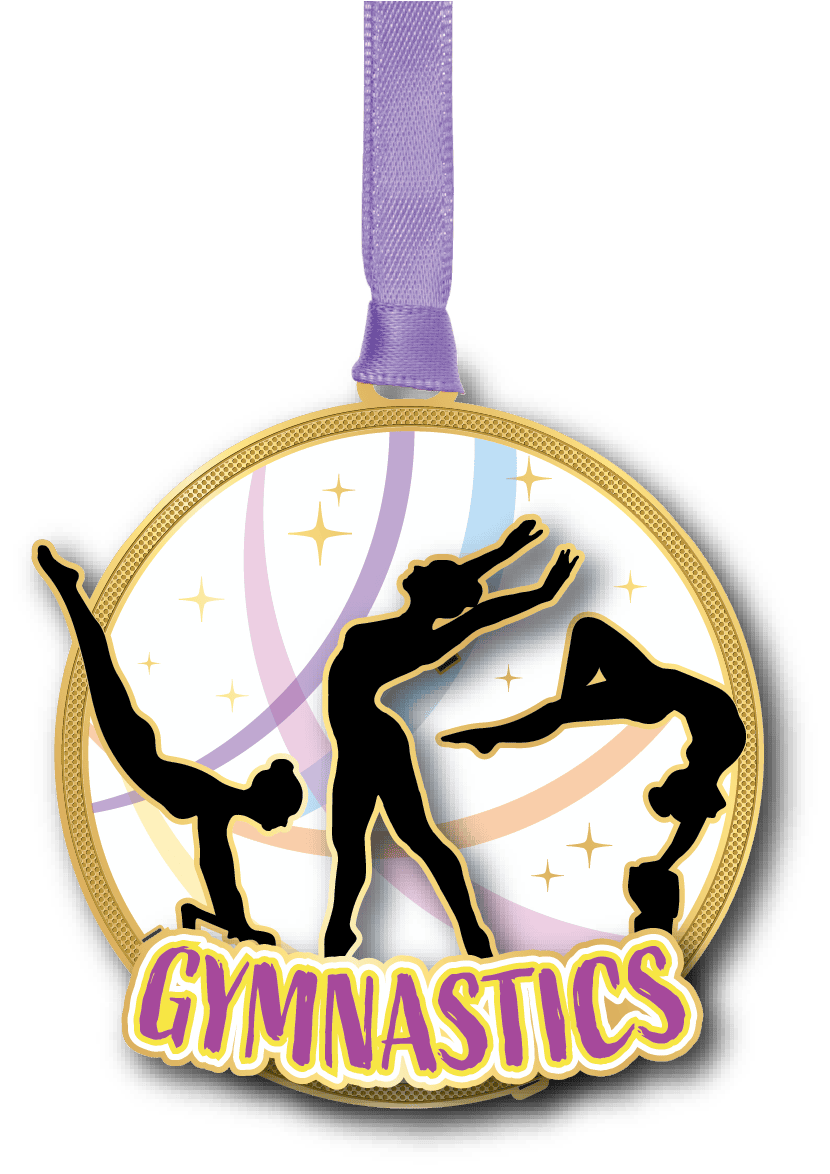 Round gymnastics ornament featuring silhouettes of three gymnasts performing acrobatic poses against a colorful background with stars and the word "Gymnastics."