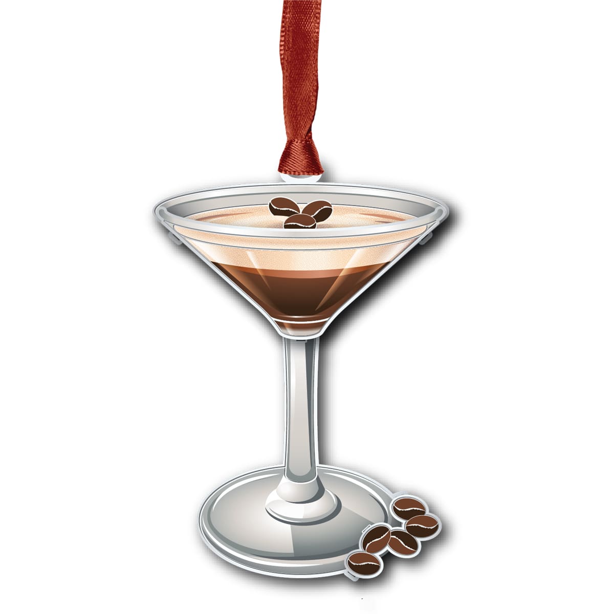 Custom ornament featuring an espresso martini served in a martini glass, topped with coffee beans and accented by additional coffee beans at the base