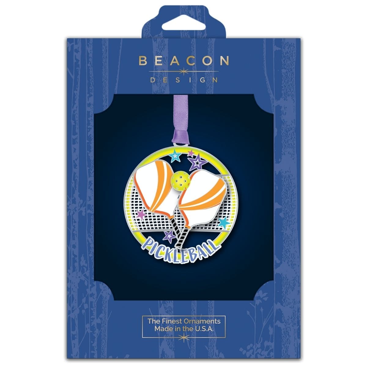 Pickleball ornament from Beacon Design in retail packaging, featuring crossed paddles, a pickleball, and a net with colorful star accents.