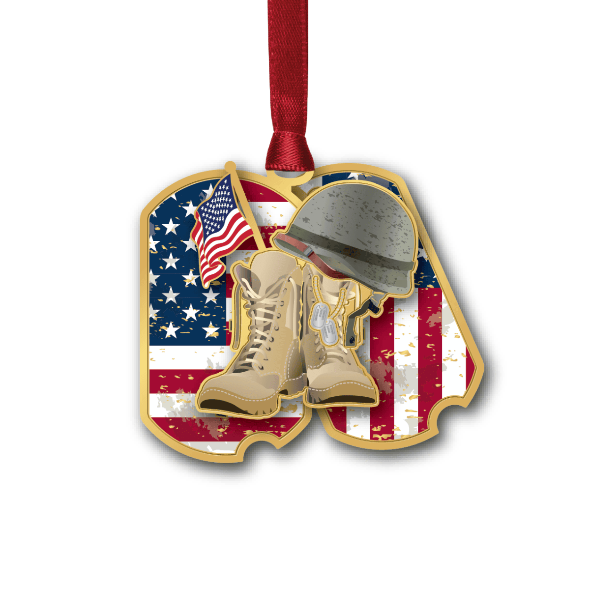 Ornament featuring military boots, a combat helmet, dog tags, and an American flag set against a patriotic red, white, and blue background