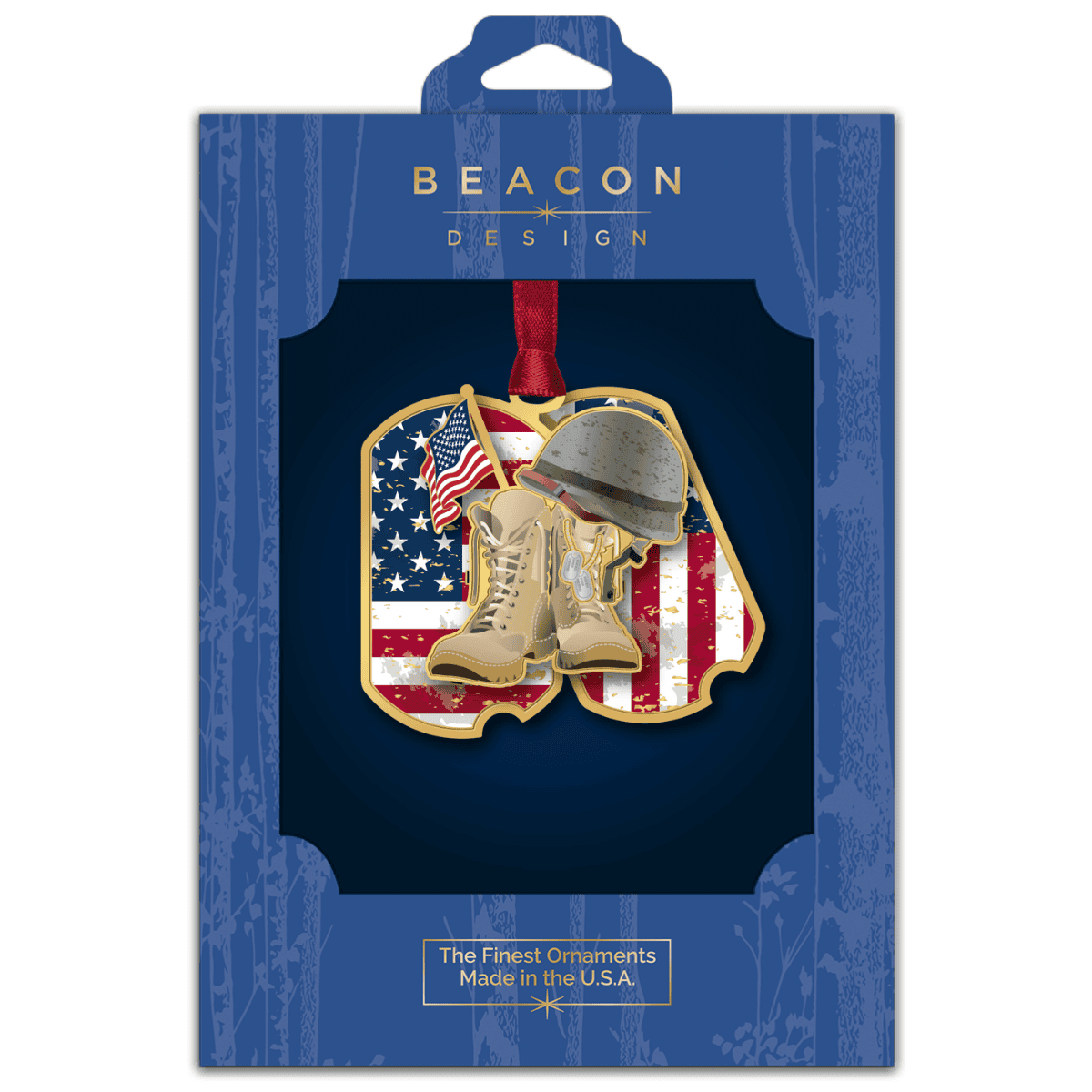 Ornament featuring military boots, a combat helmet, dog tags, and an American flag set against a patriotic red, white, and blue background, displayed in Beacon Design retail packaging