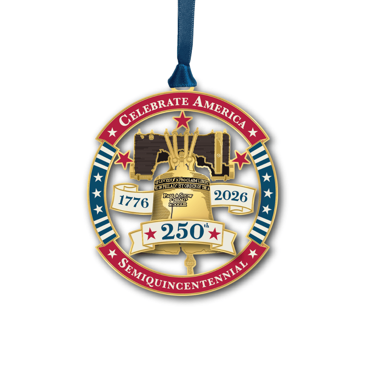 Ornament featuring the Liberty Bell surrounded by patriotic red, white, and blue accents with the years 1776–2026 and a 250th anniversary banner