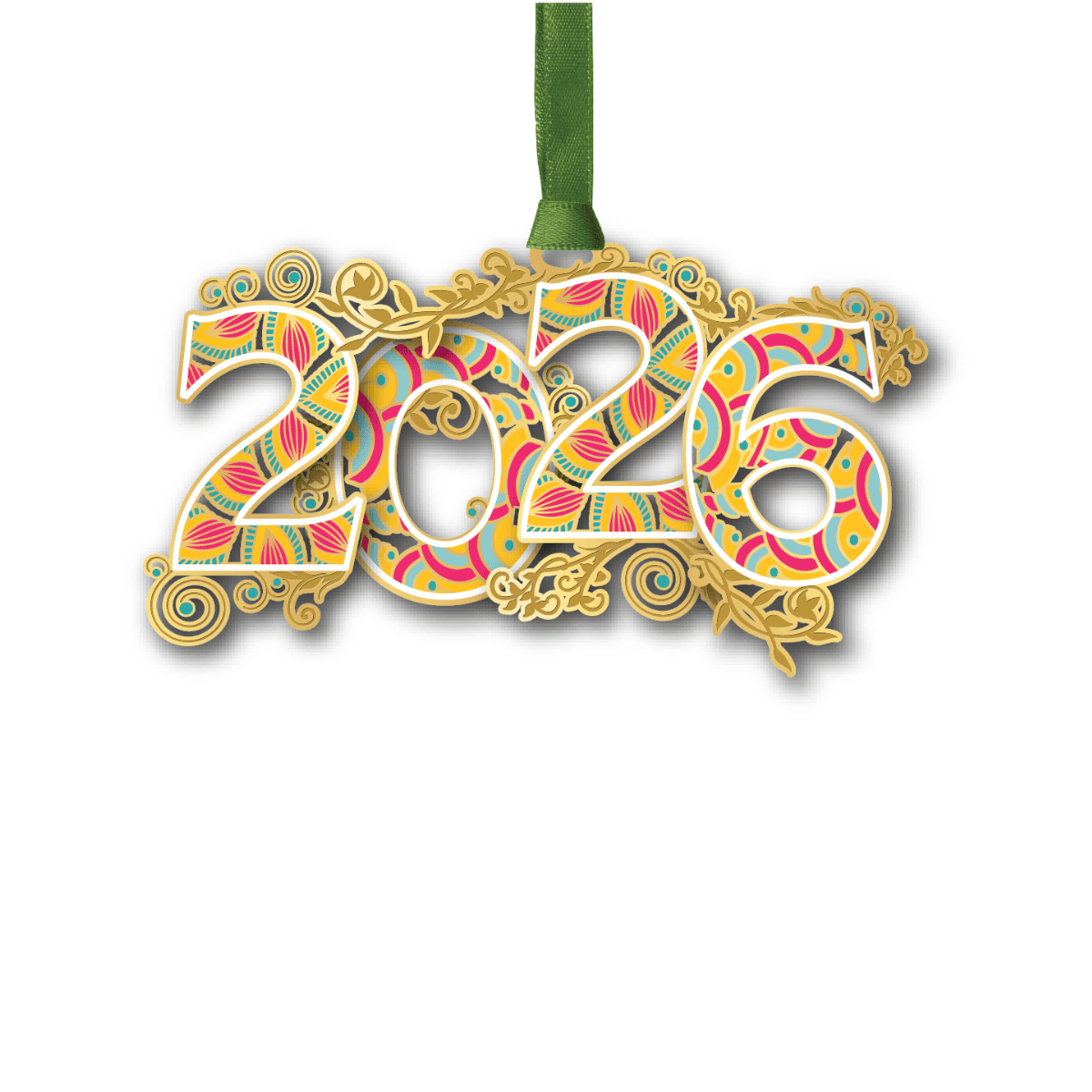 Ornament featuring the year “2026” in colorful patterned numerals accented with ornate gold scrollwork and decorative flourishes
