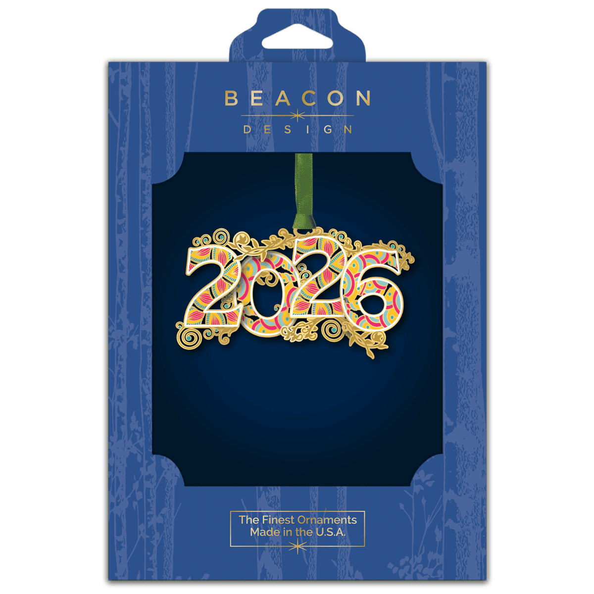 Ornament featuring the year “2026” in colorful patterned numerals with decorative gold scrollwork, displayed in Beacon Design retail packaging