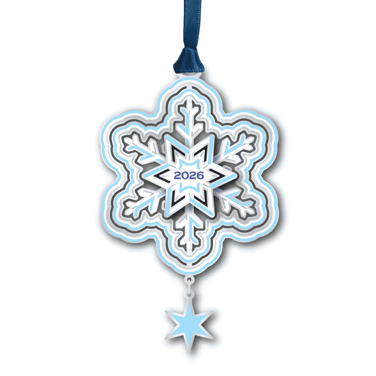 Ornament featuring a layered snowflake design with the year “2026” at the center and a dangling star accent