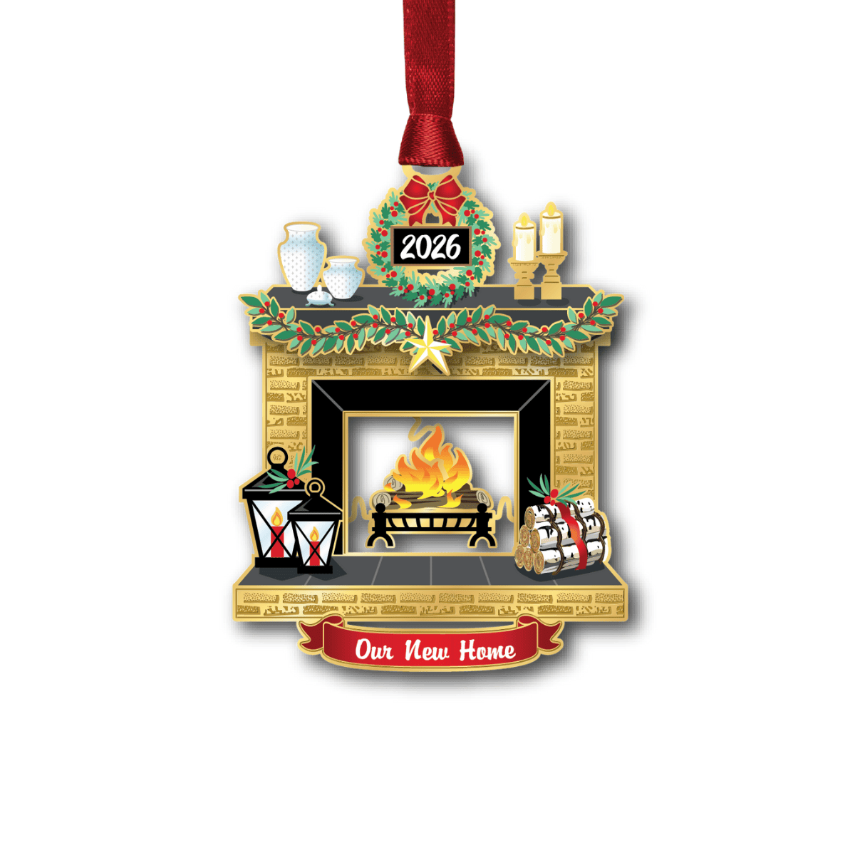 Ornament featuring a decorated fireplace with a holiday wreath, candles, lanterns, and the message “Our New Home 2026”