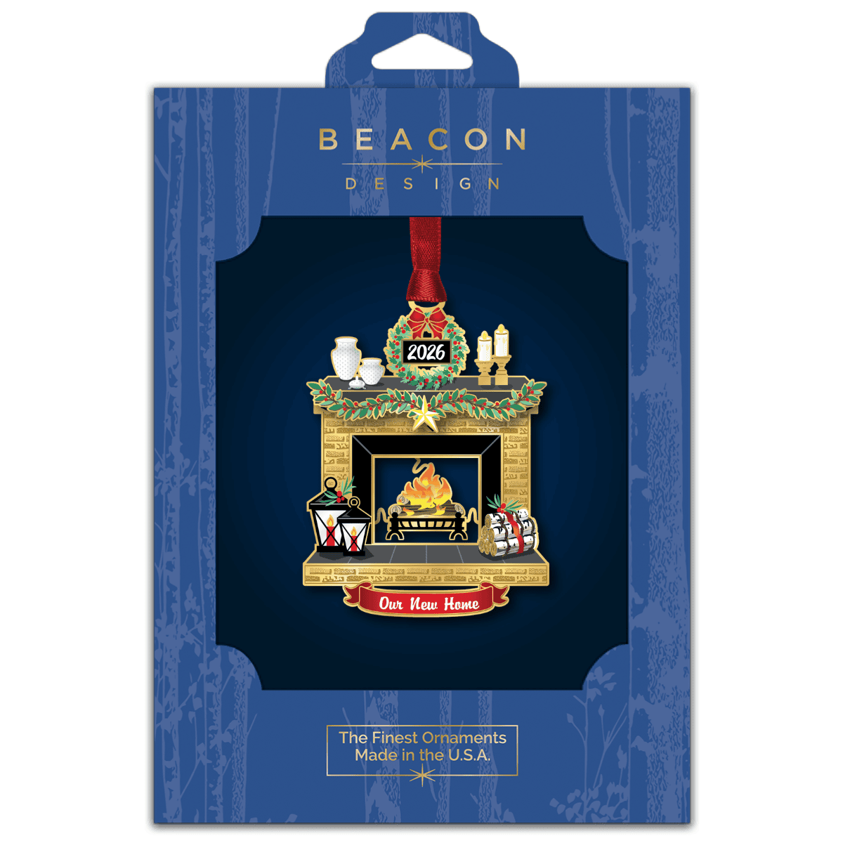 Ornament featuring a decorated fireplace with a holiday wreath, candles, lanterns, and the message “Our New Home 2026,” displayed in Beacon Design retail packaging