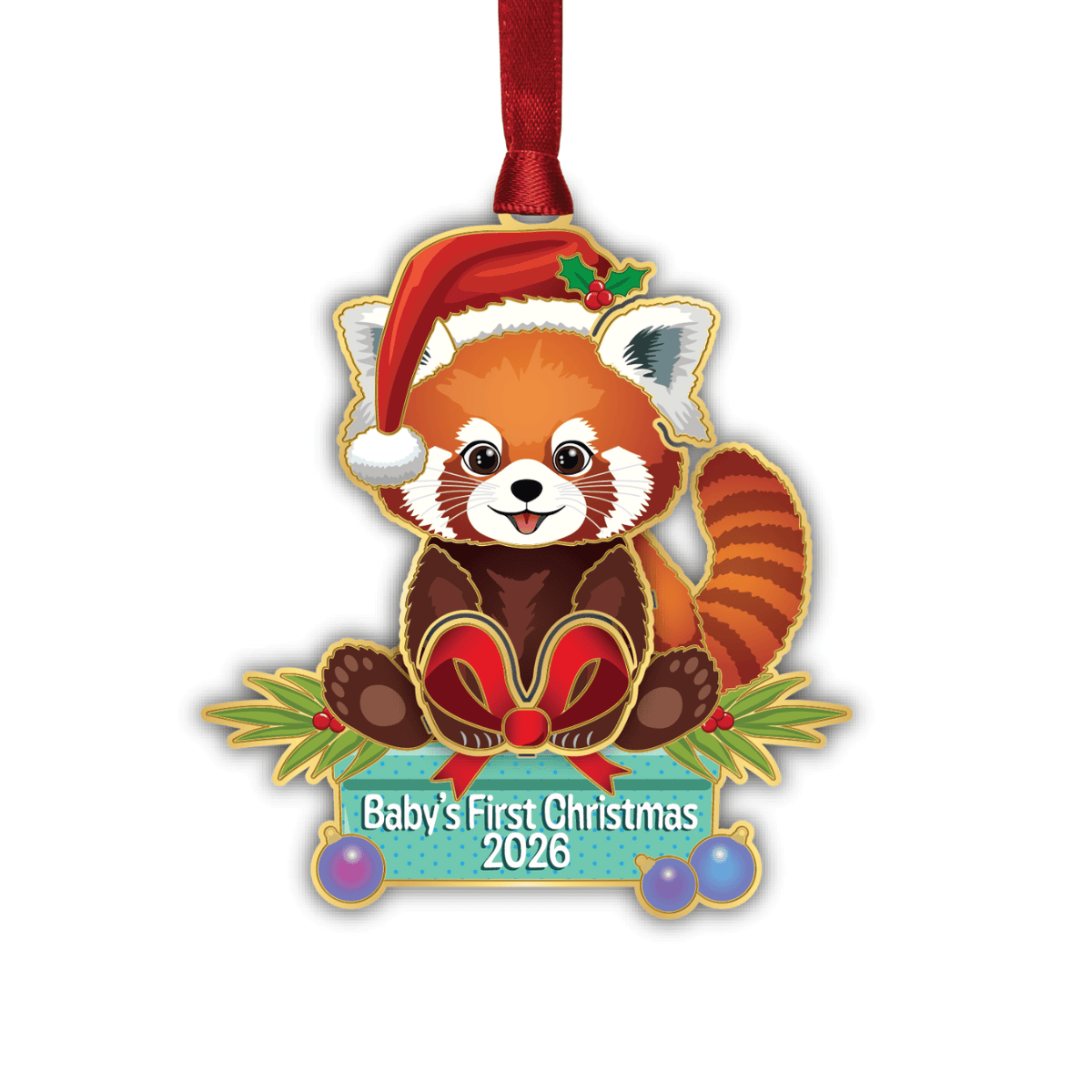Ornament featuring a red panda wearing a Santa hat with the message “Baby’s First Christmas 2026”