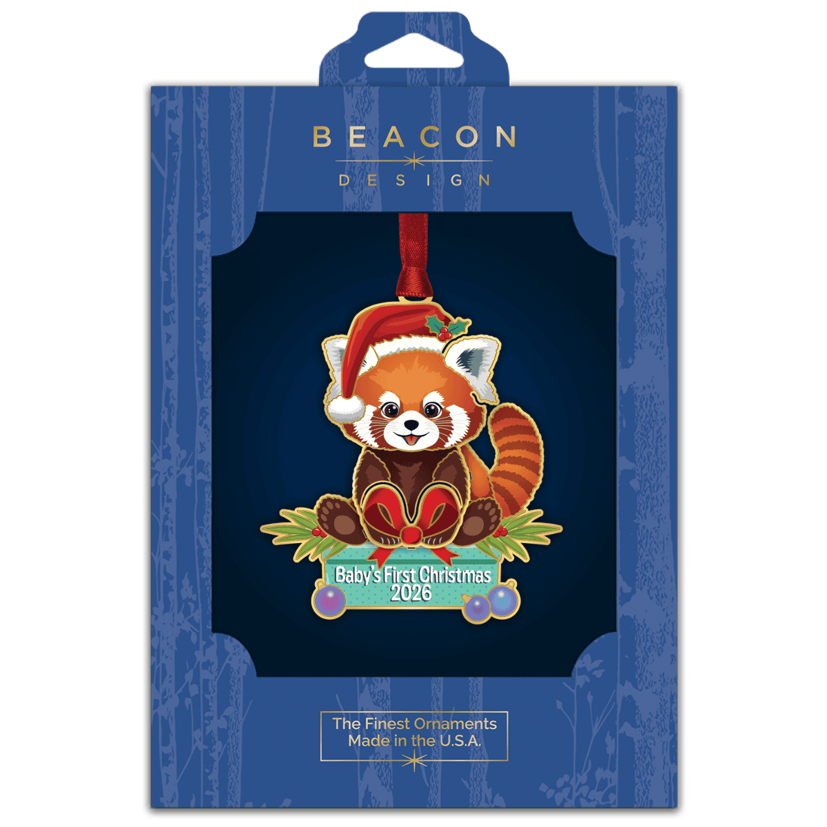 Ornament featuring a red panda wearing a Santa hat with the message “Baby’s First Christmas 2026,” displayed in Beacon Design retail packaging