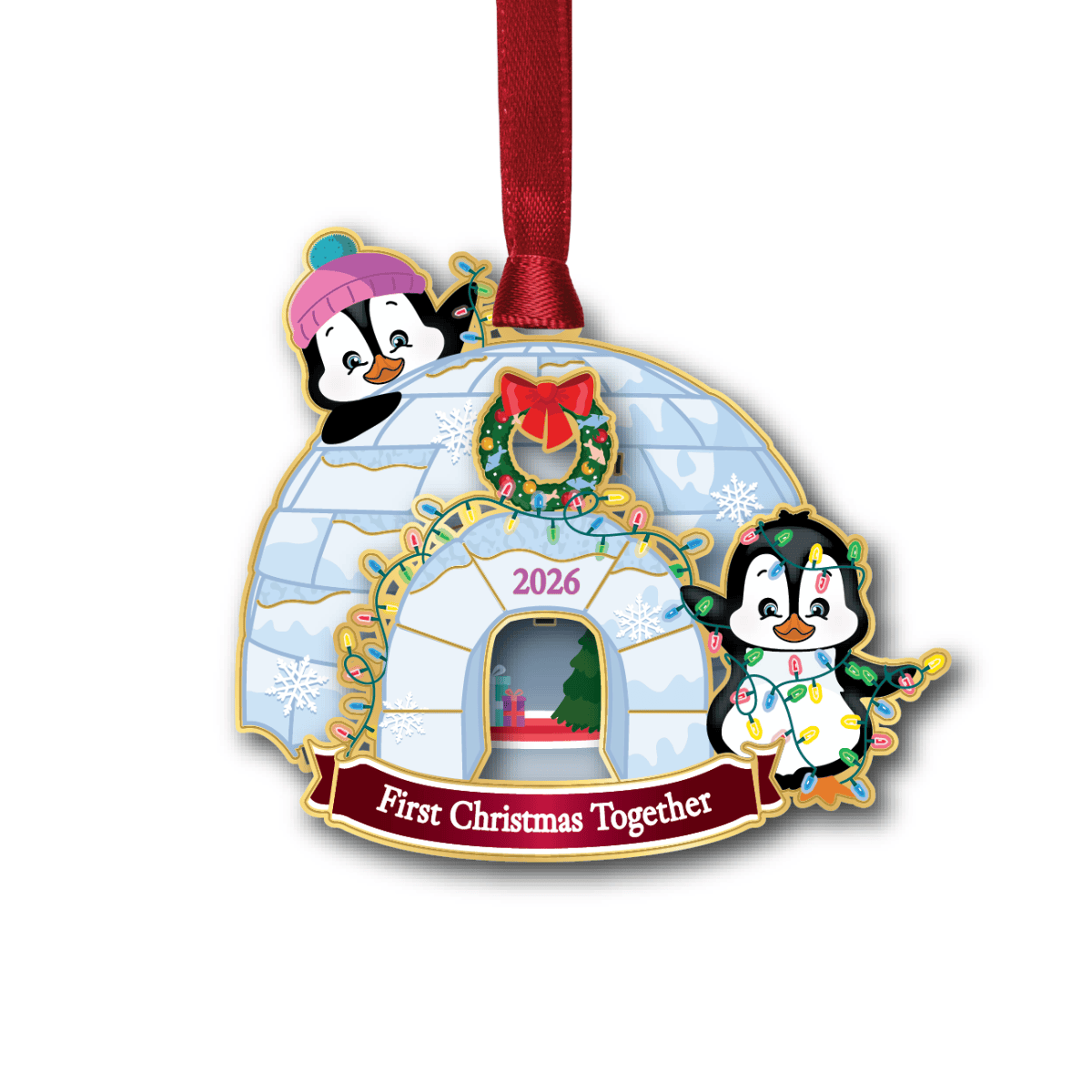 Ornament featuring a decorated igloo with two penguins, holiday lights, and the message “First Christmas Together 2026”