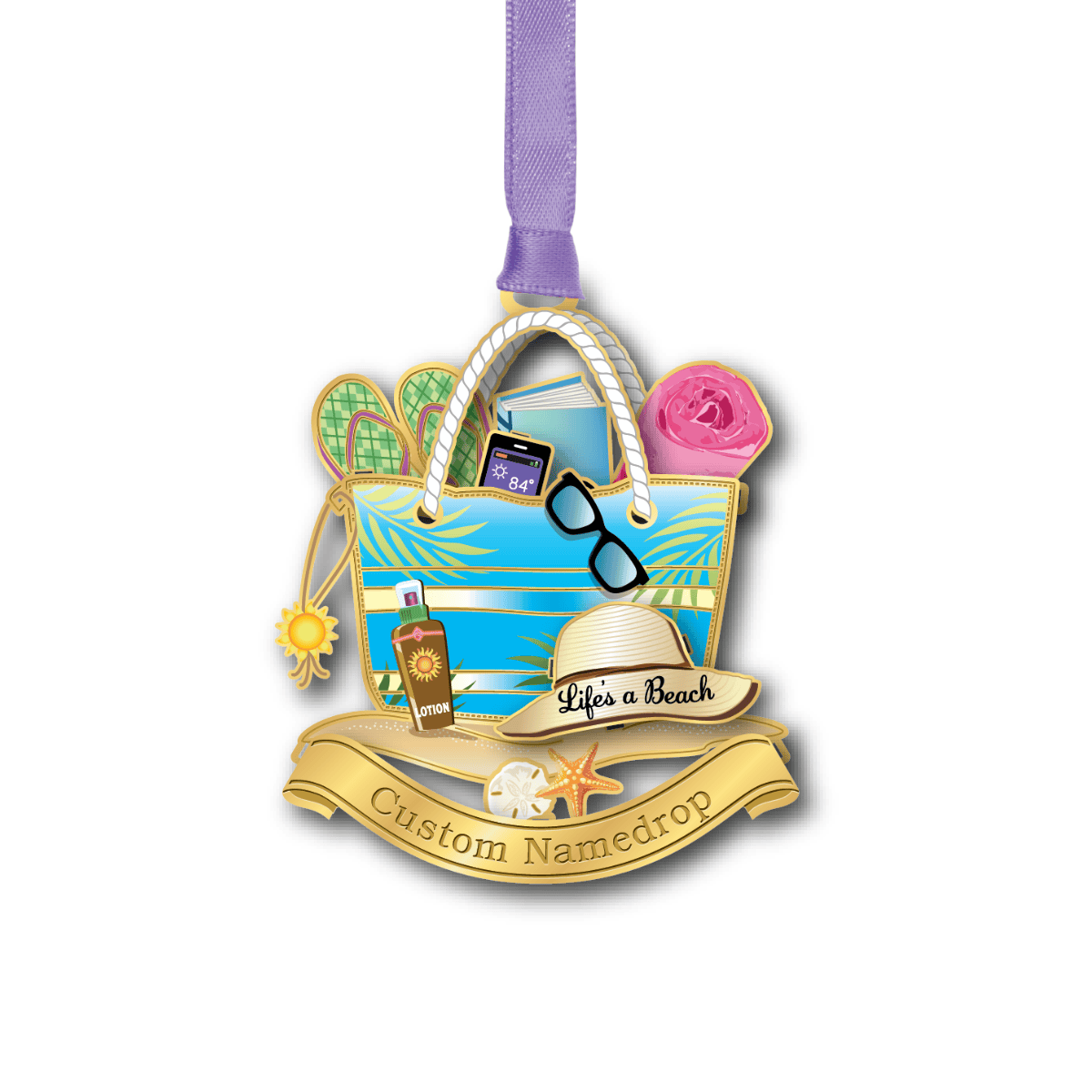 Custom namedrop ornament featuring a beach tote filled with summer essentials, including flip-flops, sunglasses, a book, sunscreen, and a beach towel, with a custom nameddrop banner