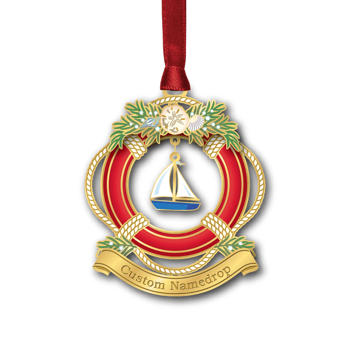 Custom namedrop ornament featuring a nautical life preserver decorated with evergreen branches, shells, and a sailboat centerpiece with a custom nameddrop banner