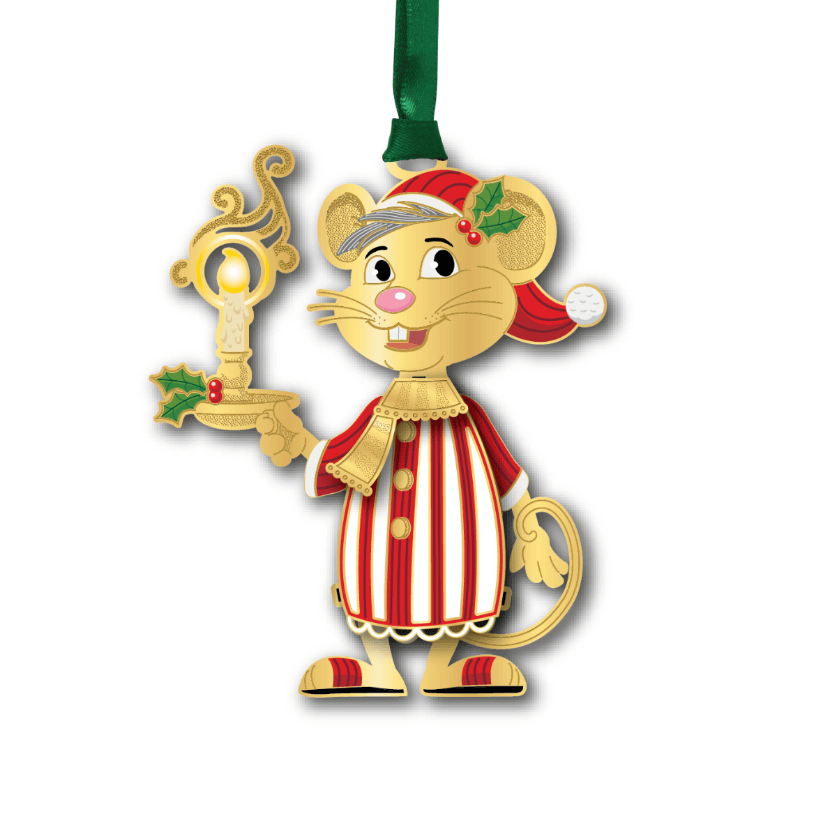 Custom ornament featuring a festive mouse holding a candle, dressed in a striped holiday outfit with holly and berry accents
