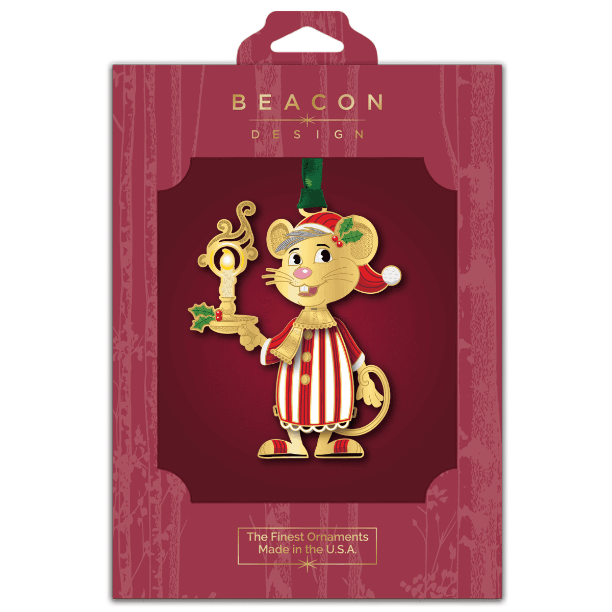 Ornament featuring a festive mouse holding a candle, dressed in a striped holiday outfit with holly accents, displayed in Beacon Design retail packaging
