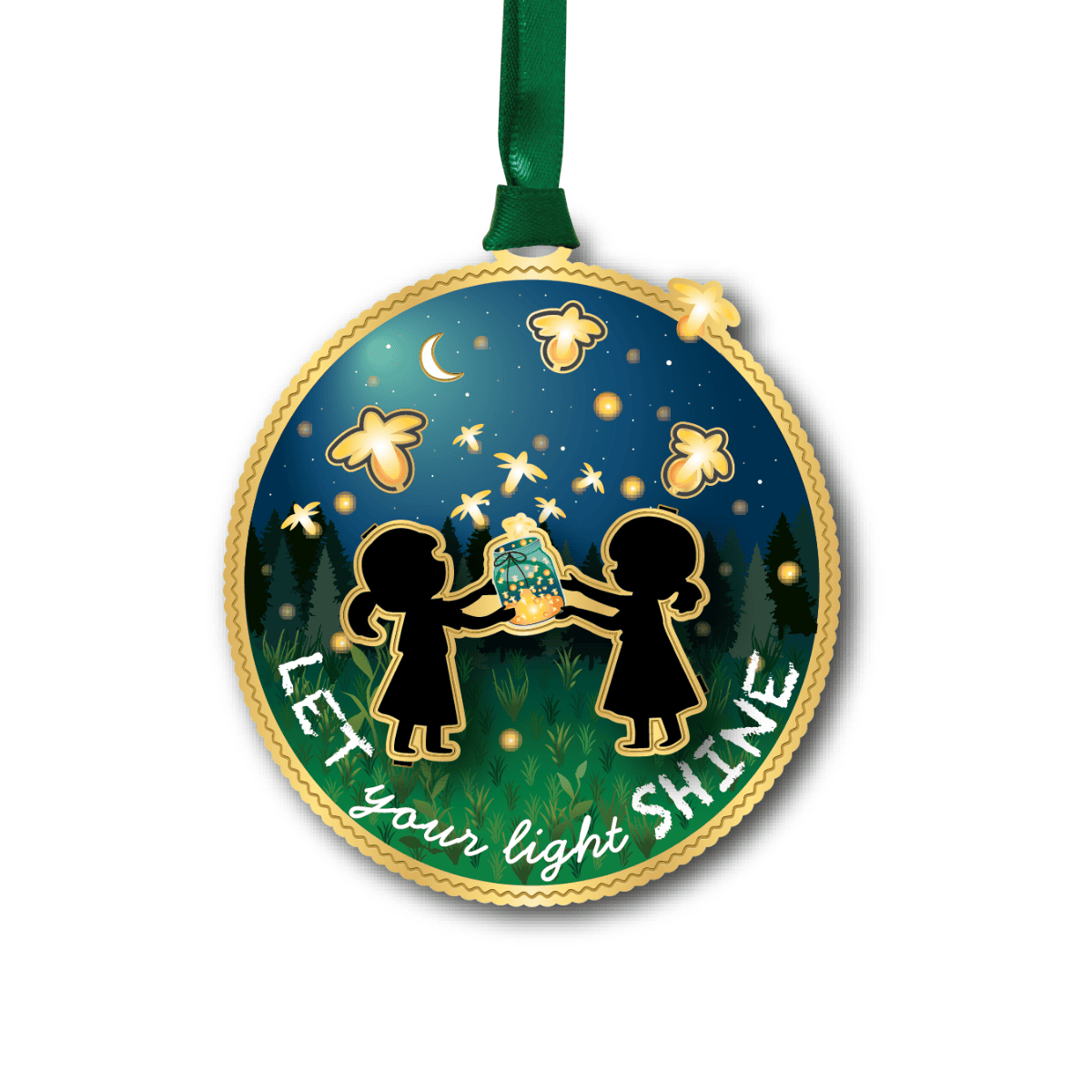 Ornament featuring two children holding a glowing jar beneath fireflies in a nighttime meadow, with the message “Let Your Light Shine”