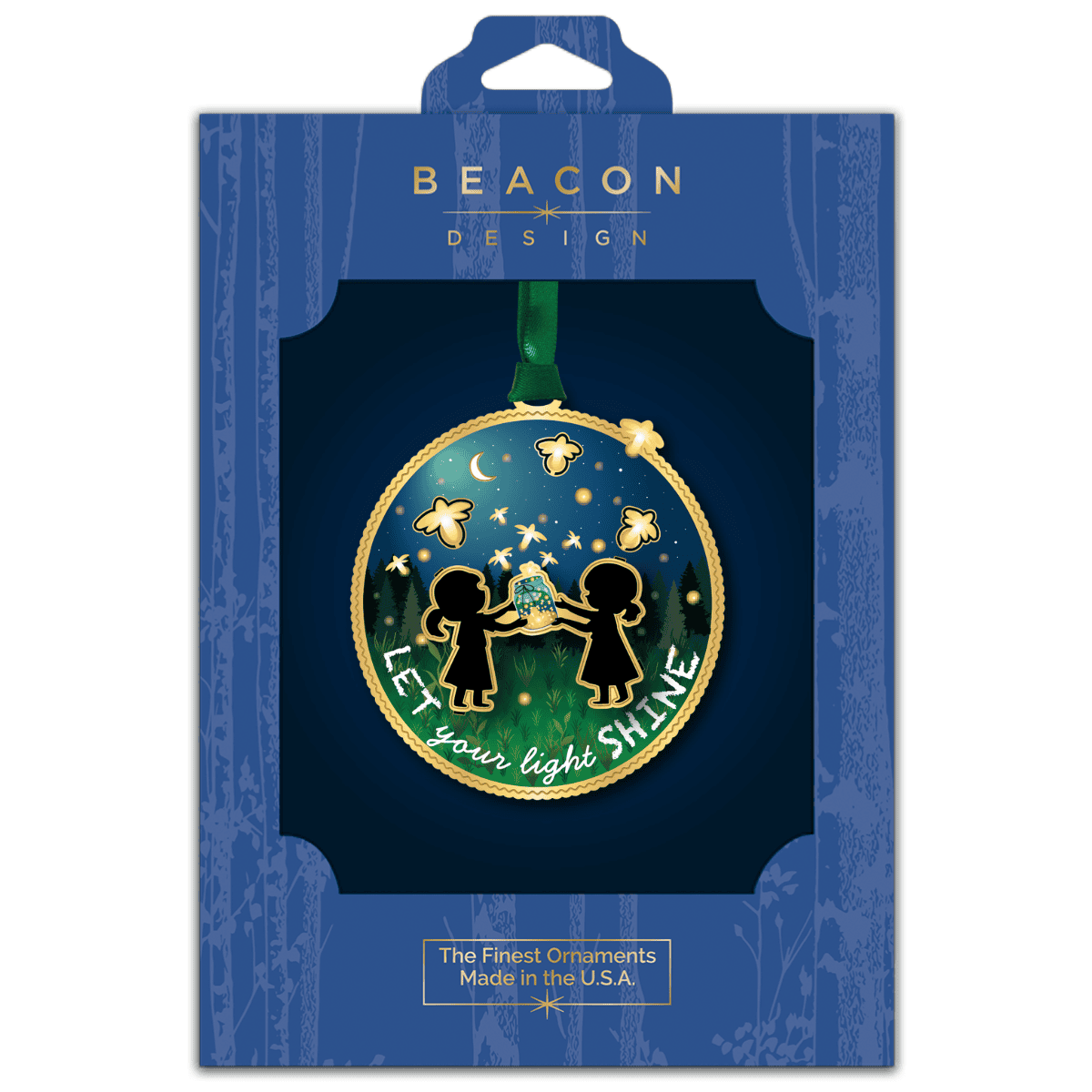 Ornament featuring two children holding a glowing jar beneath fireflies in a nighttime meadow, displayed in Beacon Design retail packaging