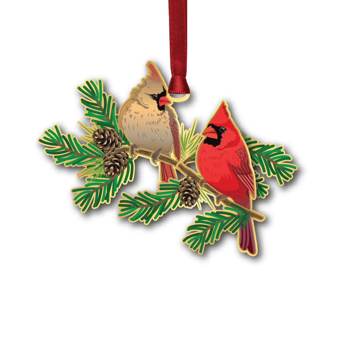 Ornament featuring a pair of northern cardinals perched on evergreen branches with pinecones