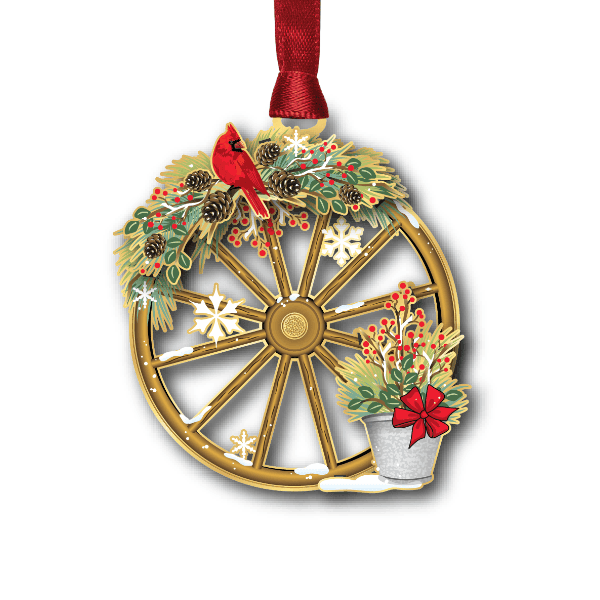 Custom ornament featuring a decorative wagon wheel adorned with evergreen branches, pinecones, red berries, snowflakes, and a cardinal