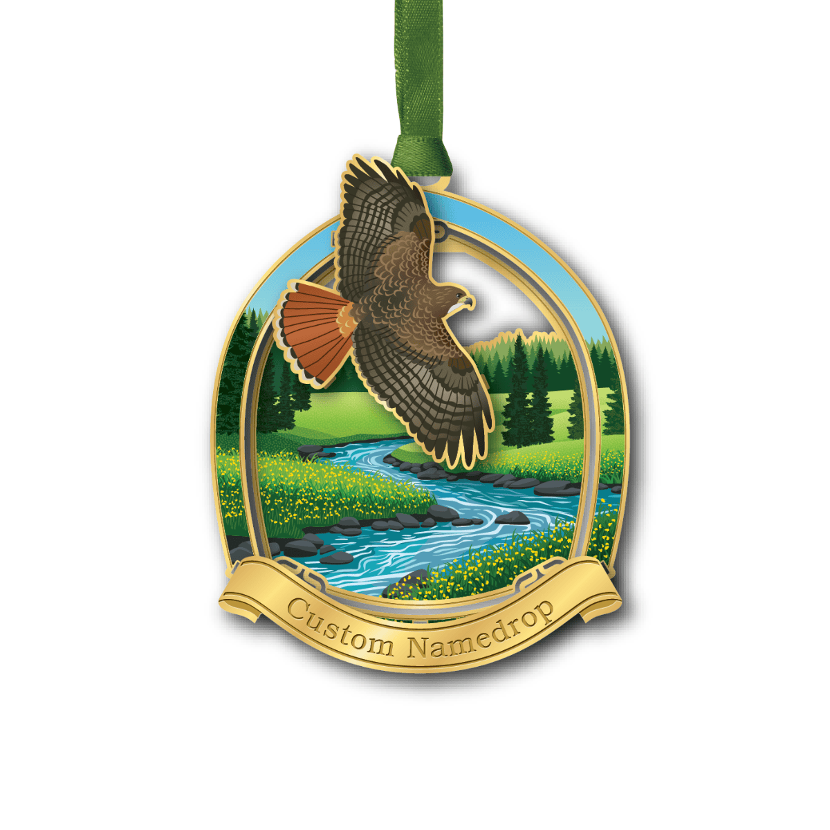 Custom namedrop ornament featuring a hawk in flight above a winding stream with evergreen trees and a scenic mountain landscape