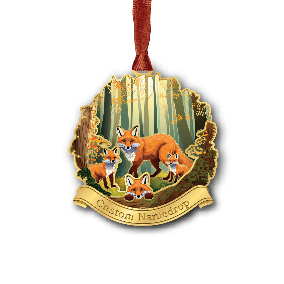 Custom namedrop ornament featuring a fox family in a woodland forest scene with an adult fox and three fox kits surrounded by trees and autumn foliage