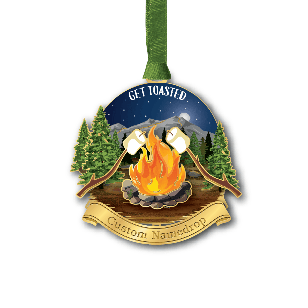 Custom ornament featuring a campfire with roasting marshmallows, pine trees, mountains, and the phrase “Get Toasted”