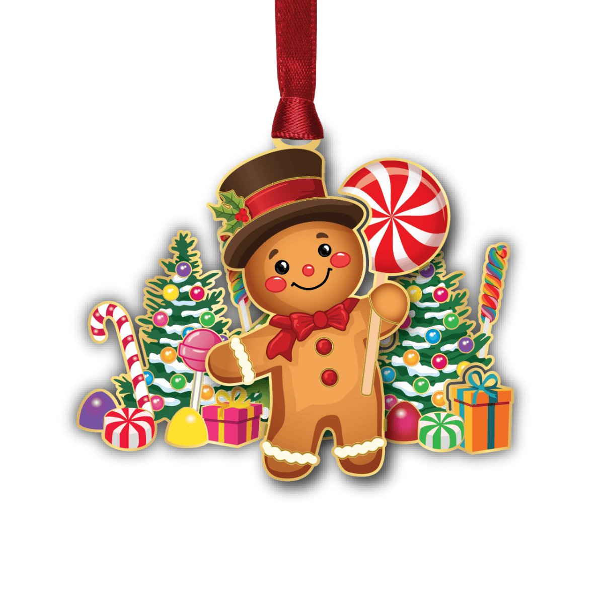 Custom ornament featuring a gingerbread character holding a peppermint lollipop, surrounded by Christmas trees, candy, gifts, and festive holiday décor
