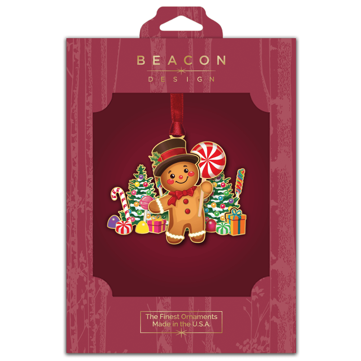 Custom ornament featuring a smiling gingerbread character holding a peppermint lollipop, surrounded by Christmas trees, candy, gifts, and festive holiday décor, displayed in Beacon Design retail packaging