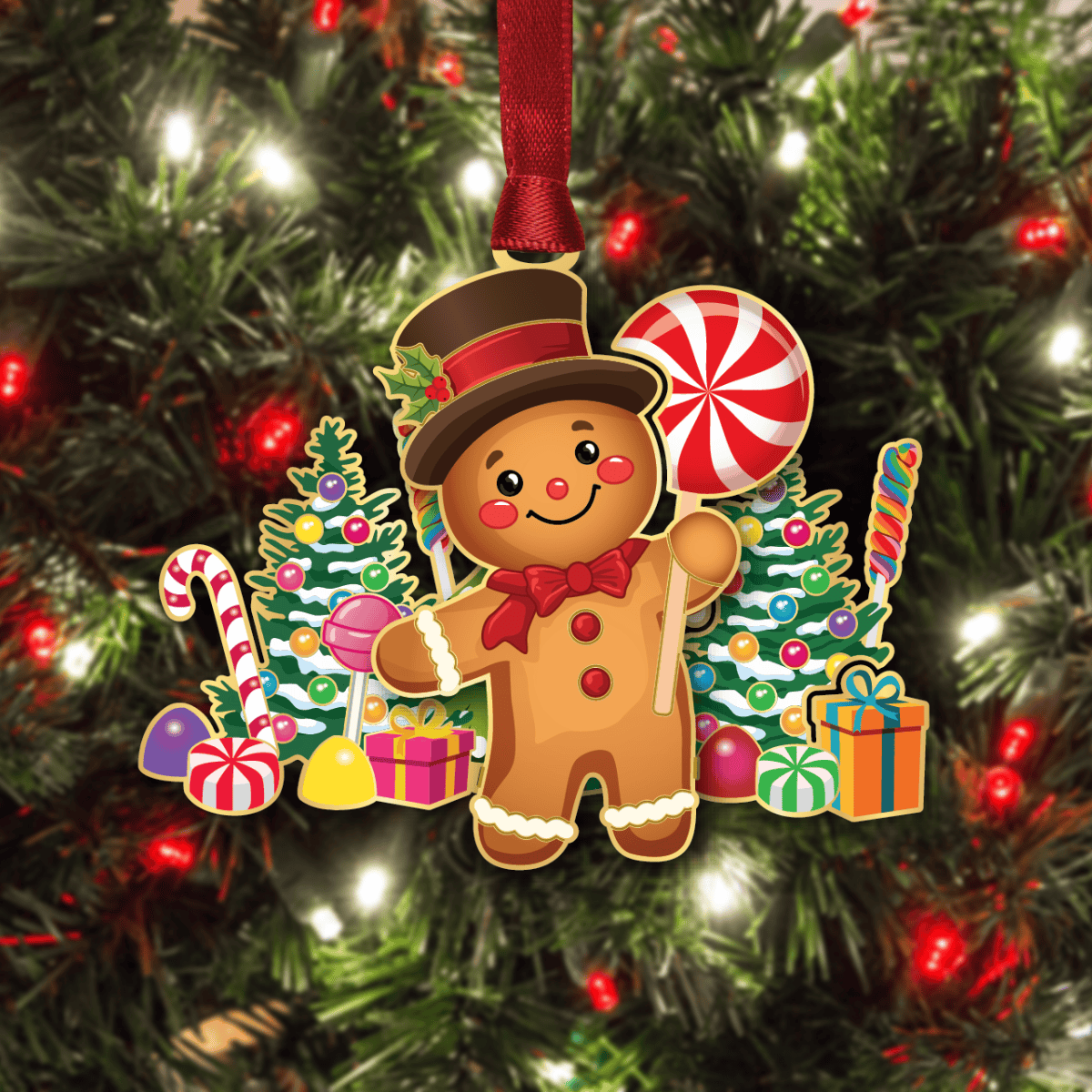 Custom ornament featuring a smiling gingerbread character holding a peppermint lollipop, surrounded by Christmas trees, candy, gifts, and festive holiday décor, displayed on a decorated Christmas tree