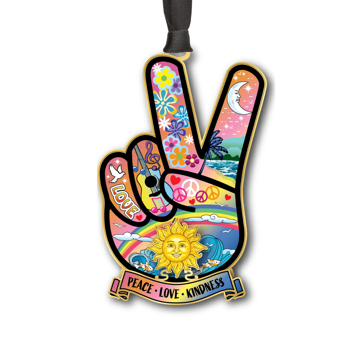 Custom ornament featuring a colorful peace sign filled with flowers, music notes, a rainbow, ocean waves, and the words “Peace • Love • Kindness”