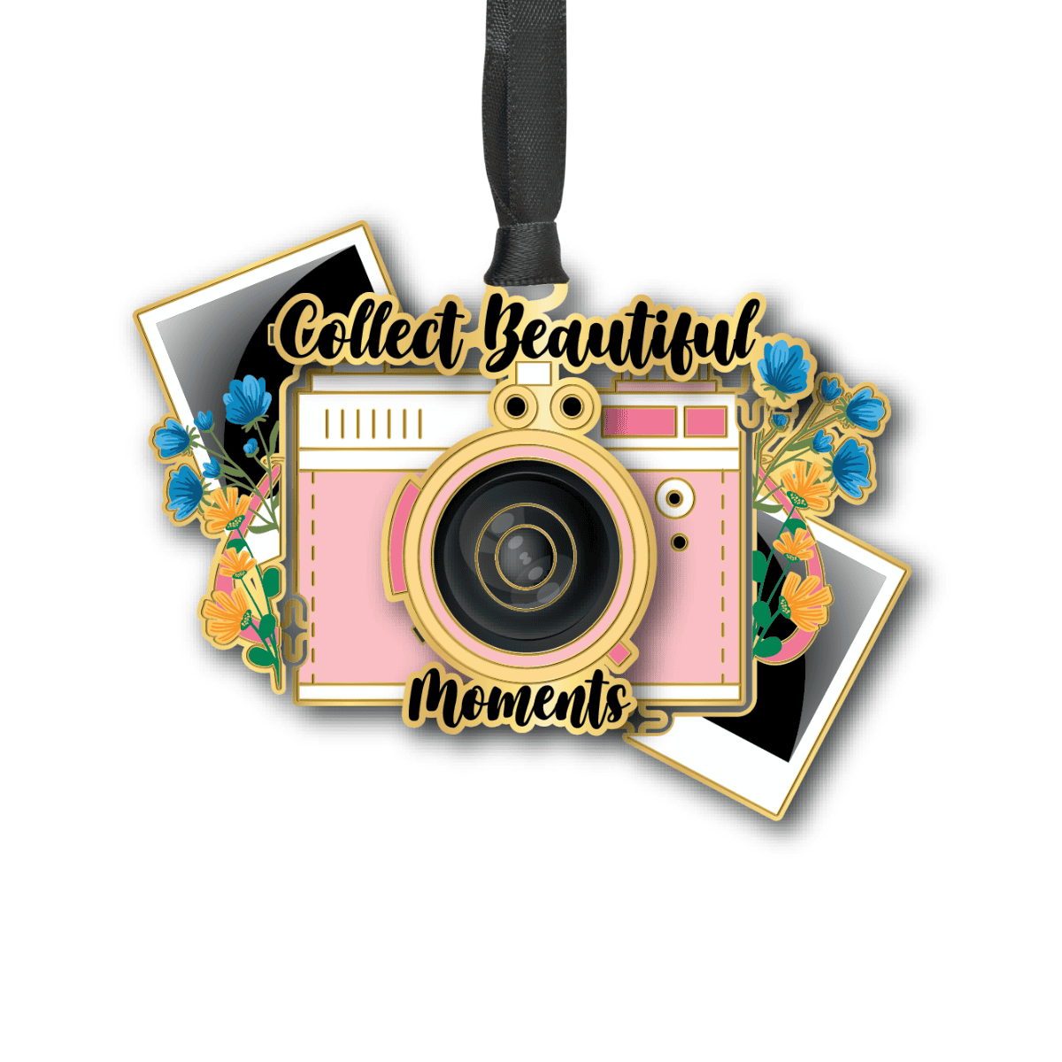 Custom ornament featuring a vintage camera surrounded by flowers and photo prints with the phrase “Collect Beautiful Moments”