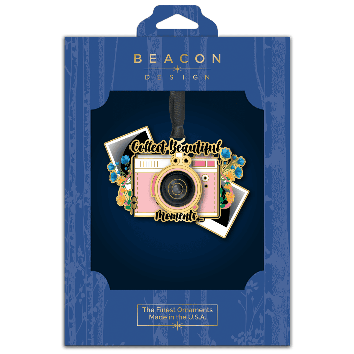 Custom ornament featuring a vintage camera surrounded by flowers and photo prints with the phrase “Collect Beautiful Moments,” displayed in Beacon Design retail packaging