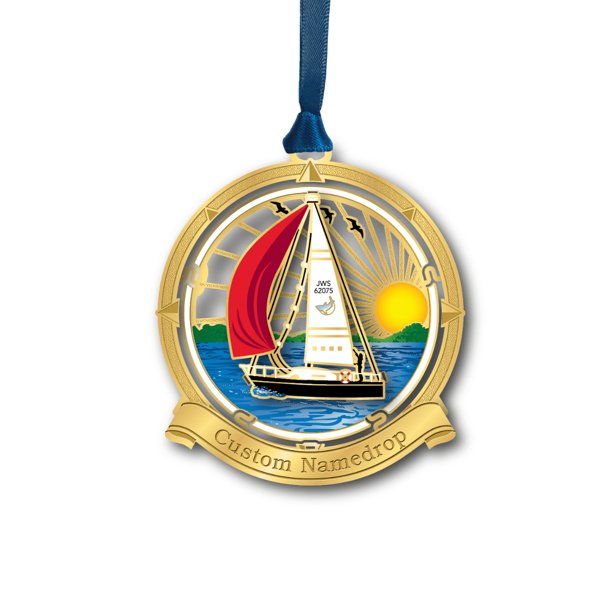 Custom namedrop ornament featuring a sailboat on open water at sunset, framed by a nautical compass design and a “Custom Namedrop” banner