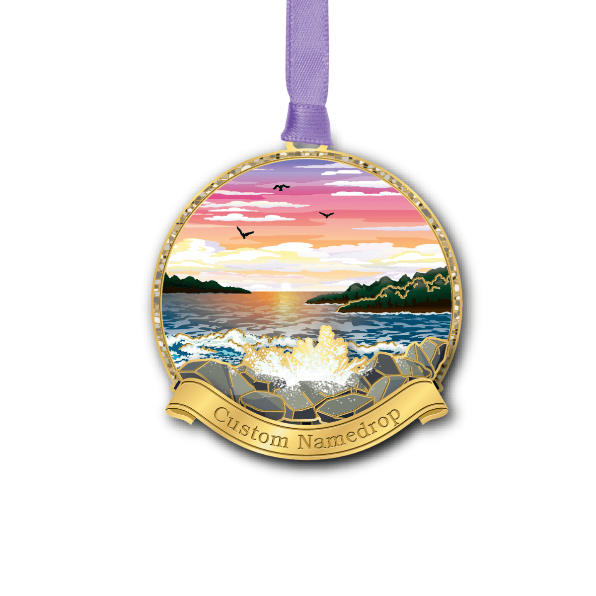 Custom namedrop ornament featuring a coastal sunset with ocean waves crashing against rocky shoreline cliffs and distant islands, accented by a “Custom Namedrop” banner