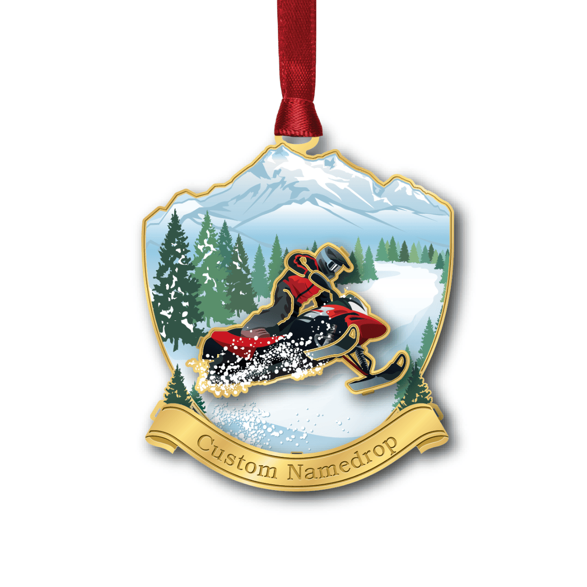Custom namedrop ornament featuring a snowmobile rider speeding through a snowy mountain landscape with evergreen trees and a “Custom Namedrop” banner