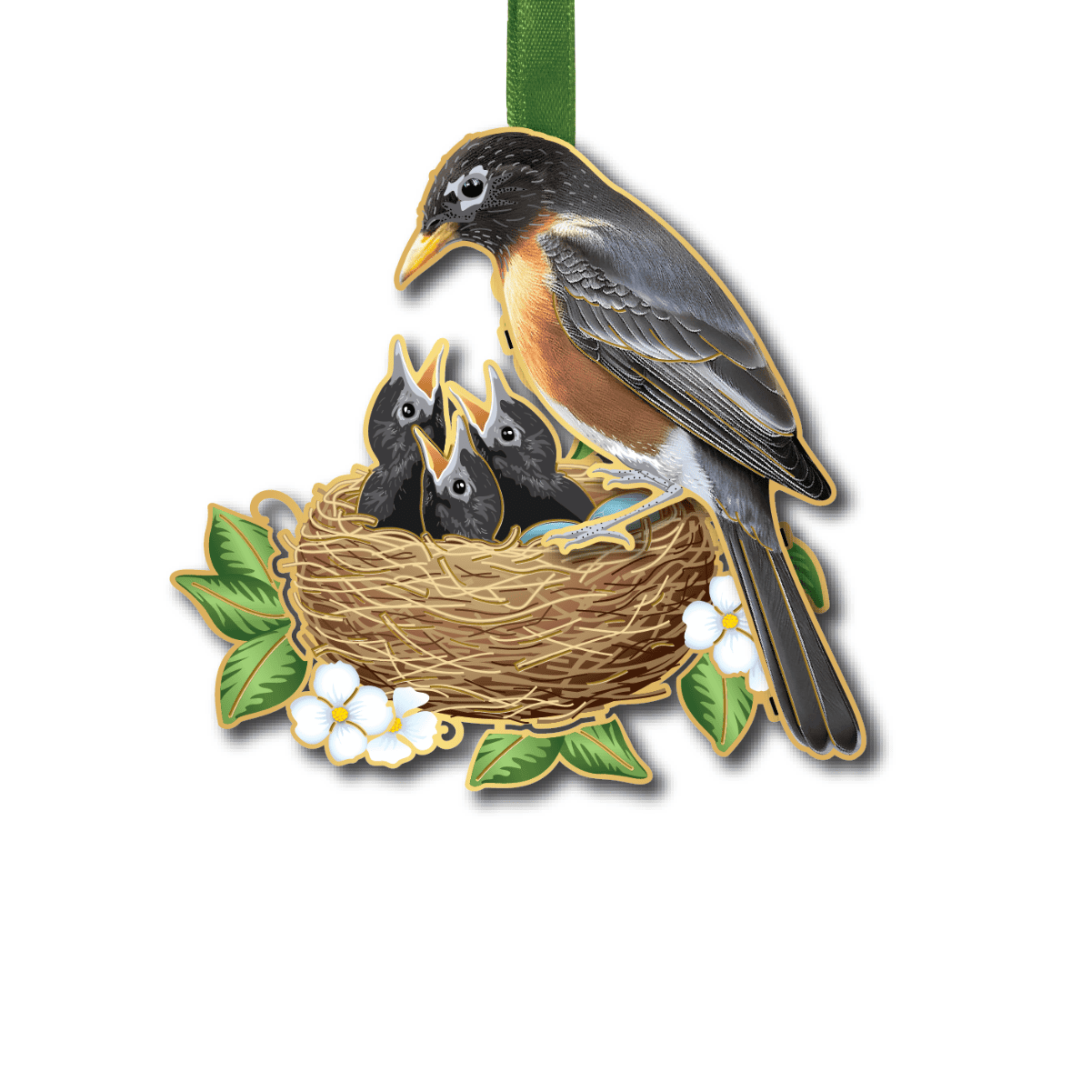 Custom ornament featuring an American robin perched on a nest with three baby birds, surrounded by leaves and white flowers