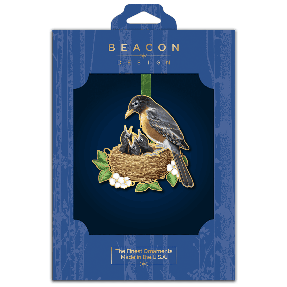 Custom ornament featuring an American robin perched on a nest with three baby birds, surrounded by leaves and white flowers, displayed in Beacon Design retail packaging