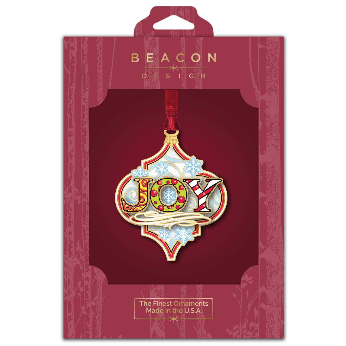 Custom ornament featuring the word “JOY” in colorful holiday lettering with snowflakes and decorative winter accents, displayed in Beacon Design retail packaging