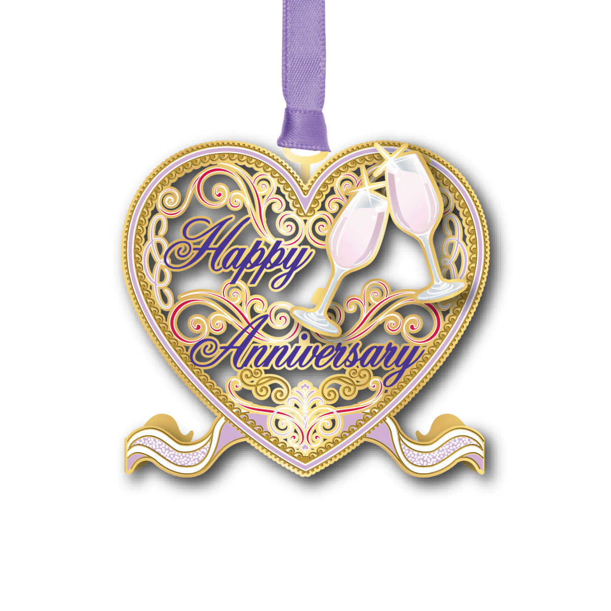 Custom standing ornament featuring a heart-shaped design with ornate scrollwork, champagne flutes, and the message “Happy Anniversary”
