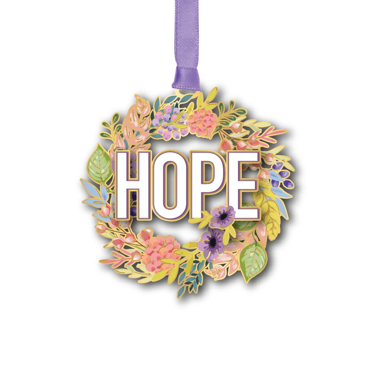 Custom ornament featuring a floral wreath with pastel flowers and leaves surrounding the word “HOPE”