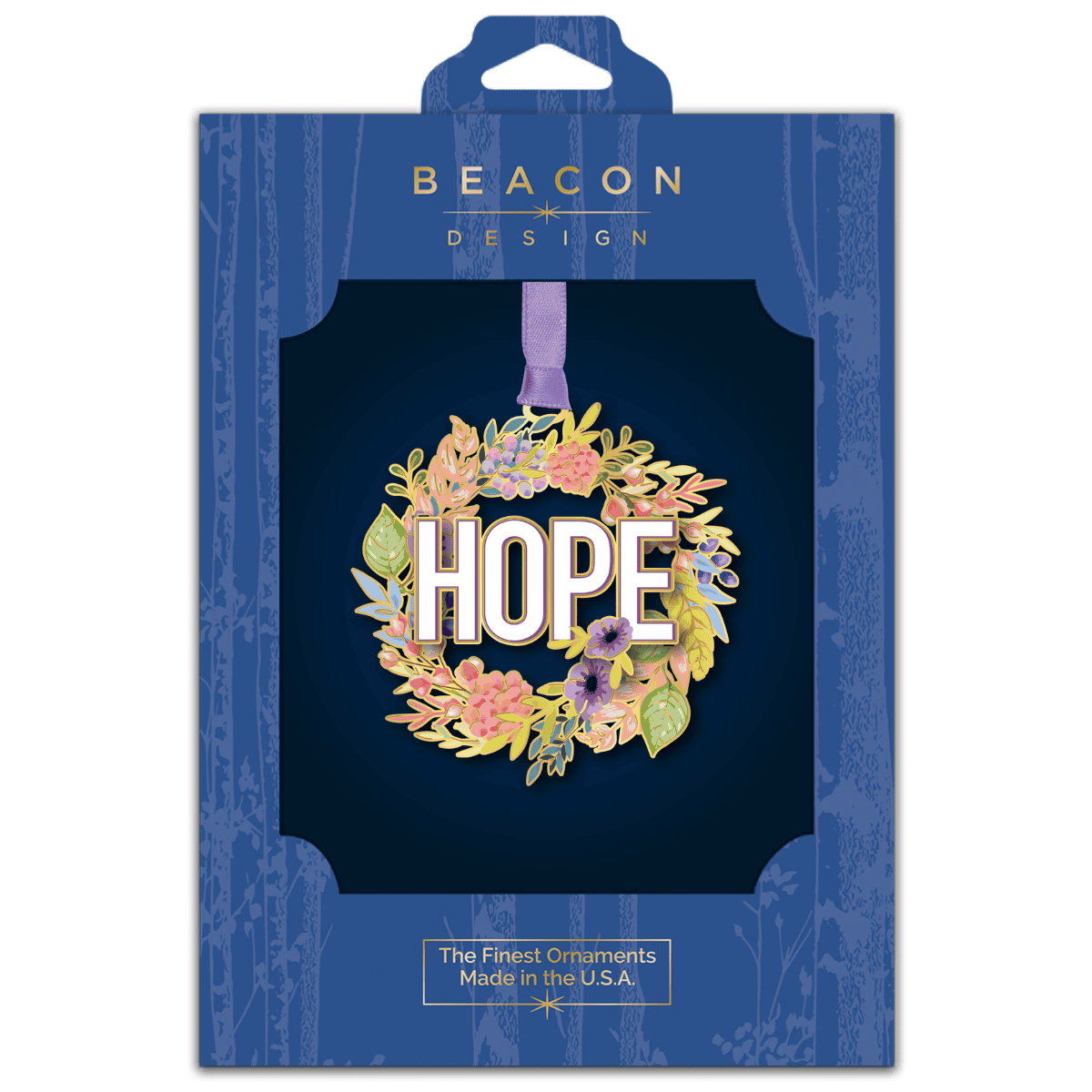 Custom ornament featuring a floral wreath with pastel flowers and leaves surrounding the word “HOPE,” displayed in Beacon Design retail packaging