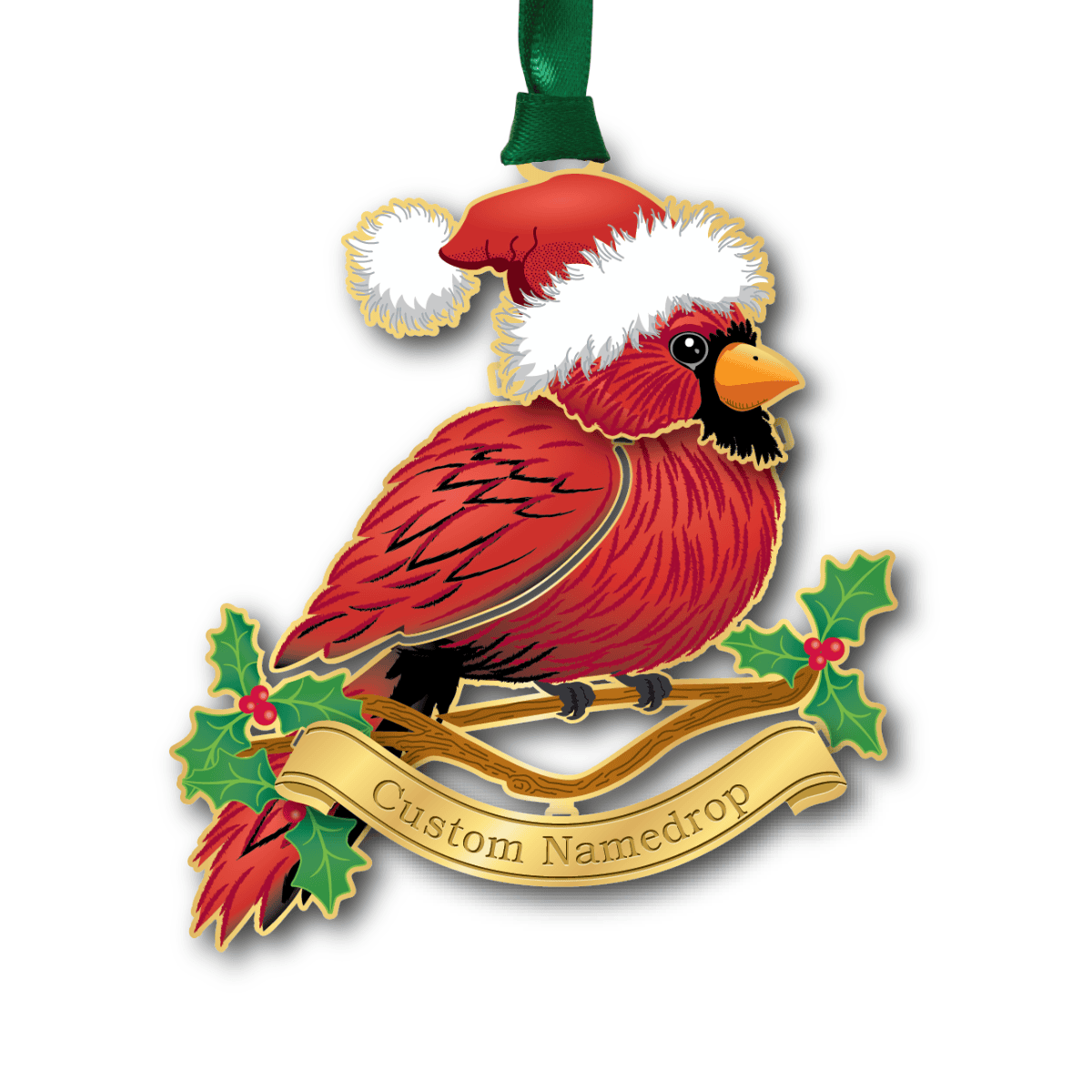 Custom namedrop ornament featuring a red cardinal wearing a Santa hat, perched on a branch with holly leaves and berries